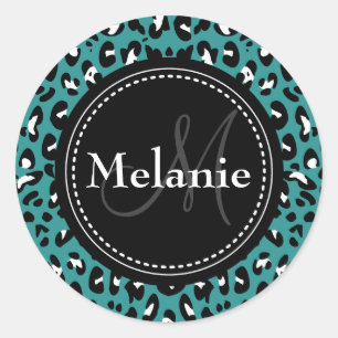 Monogrammen Blauwgroen Zwart Witte Patroon Ronde Sticker