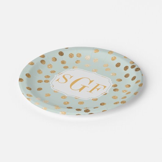 Monogrammen Bleke Mint Blue en Gold Glitter Stippe Papieren Bordje (Gekanteld)
