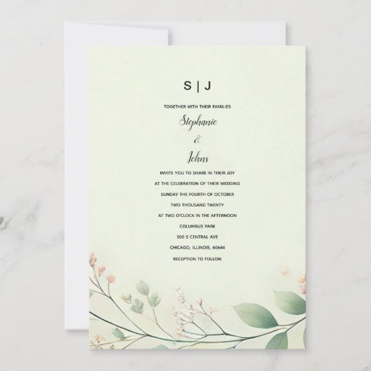 Monogrammen Bloemen Bladeren Wijze Groen Beige Huw Kaart (Voorkant)