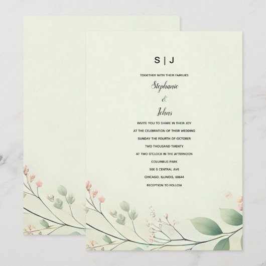 Monogrammen Bloemen Bladeren Wijze Groen Beige Huw Kaart (Voorkant / Achterkant)