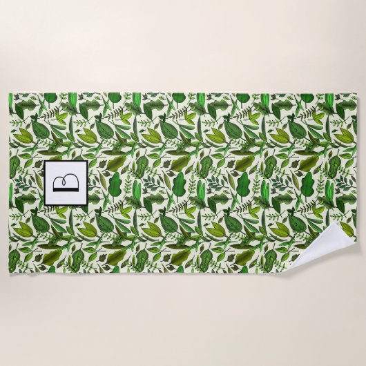 Monogrammen botanisch groen lederen patroon strandlaken (Voorkant)