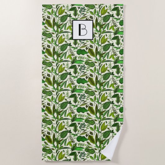 Monogrammen botanisch groen lederen patroon strandlaken (Voorkant)