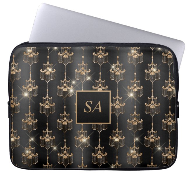 Monogrammen Chic Gold Sparkle Chandelier Black Laptop Sleeve (Voorkant)