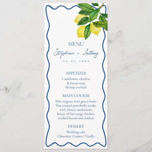 Monogrammen Citroen, Blauwe Golf Rand Trouw   Menu (Voorkant)
