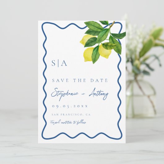 Monogrammen Citrus Citrus, Blauwe Golf Border Wedd Save The Date (Staand voorkant)