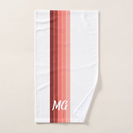 Monogrammen Coral Red Pink White Stripes Handdoek (Handdoek)