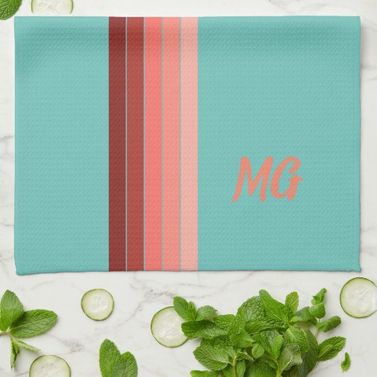 Monogrammen Coral Red Pink White Stripes Theedoek (Gevouwen)
