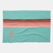 Monogrammen Coral Red Pink White Stripes Theedoek (Horizontaal)