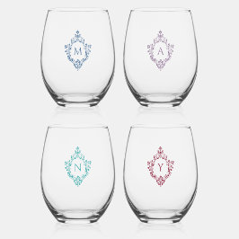 Monogrammen  Crest Blauw Paarse Blauwgroen Bourgog Wijnglas Zonder Voet