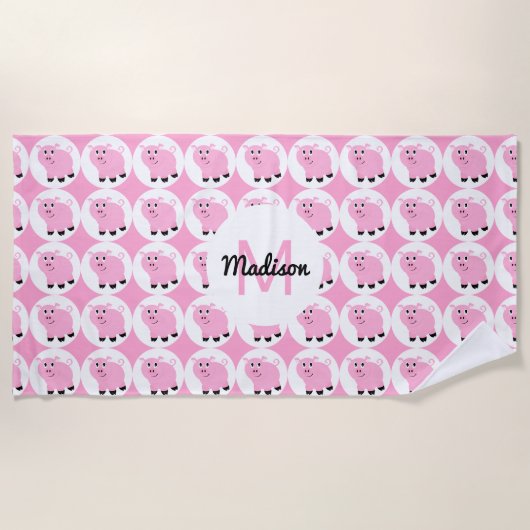 Monogrammen Cute Pink Pig Pattern Girls Animal Strandlaken (Voorkant)
