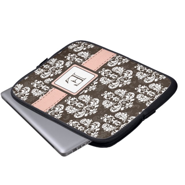 Monogrammen Damask roze bruine laptophoes Hoesje Laptop Sleeve (Voorkant onderkant)