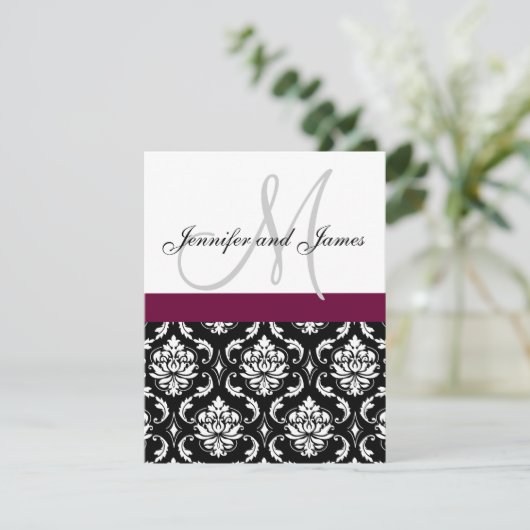 Monogrammen Damask Weddenschap Wine Red Kaart (Staand voorkant)