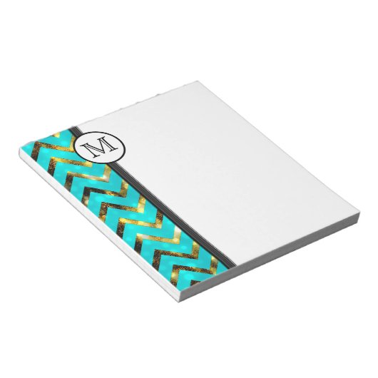 Monogrammen diva blauw goudchevroerpatroon notitieblok (Schuin)