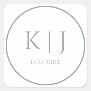 Monogrammen Dusty Blue Elegant Minimalist Wedding Vierkante Sticker
