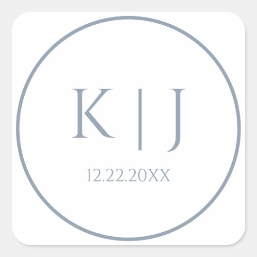 Monogrammen Dusty Blue Elegant Minimalist Wedding Vierkante Sticker (Voorkant)