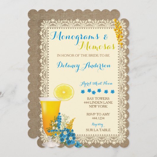 Monogrammen en Mimosas Bridal Shower Invitations Kaart (Voorkant / Achterkant)