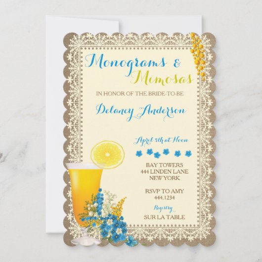 Monogrammen en Mimosas Bridal Shower Invitations Kaart (Voorkant)