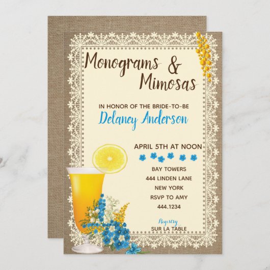 Monogrammen en Mimosas Bridal Shower Invitations Kaart (Voorkant / Achterkant)