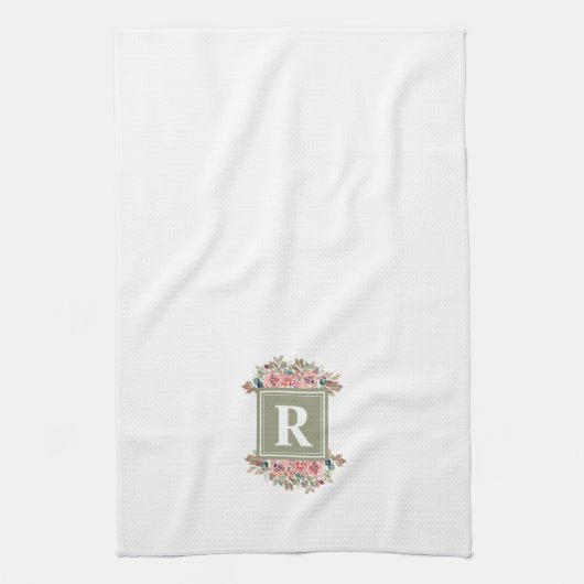 Monogrammen florale slak groen en witte elegant theedoek (Verticaal)