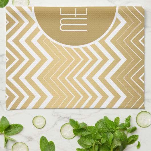 Monogrammen goud en witte zigzag Chevron Theedoek (Gevouwen)