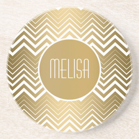 Monogrammen goud en witte zigzag Chevron Zandsteen Onderzetter (Voorkant)