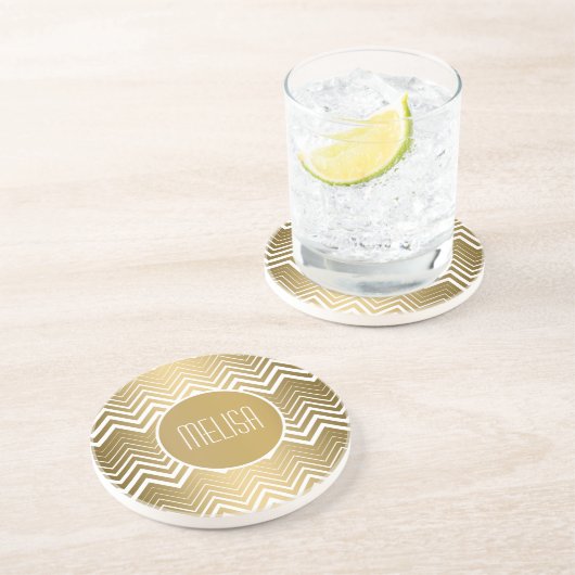 Monogrammen goud en witte zigzag Chevron Zandsteen Onderzetter (Zijkant)