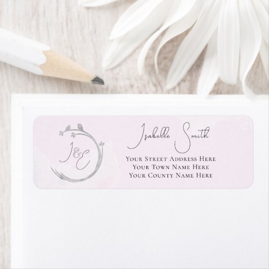 Monogrammen grijze Waterverf Lovebird Wreatroze Etiket (Insitu)