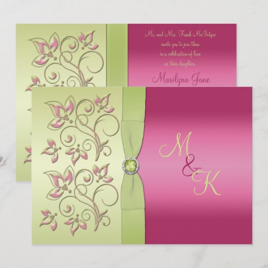 Monogrammen Groen Roze Bloemen Bruiloft Uitnodigin Kaart (Voorkant / Achterkant)
