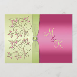 Monogrammen Groen Roze Bloemen Bruiloft Uitnodigin Kaart