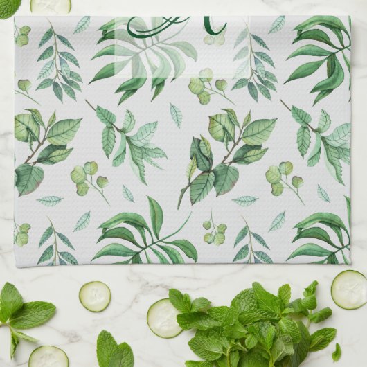 Monogrammen groen verlof botanische thuisdecor theedoek (Gevouwen)