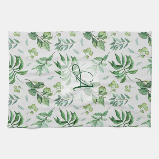 Monogrammen groen verlof botanische thuisdecor theedoek (Horizontaal)