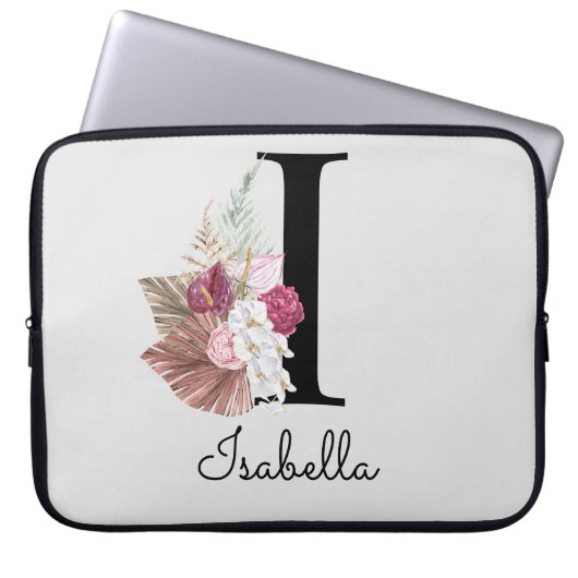 Monogrammen Initiaal I Pink Boho Floral Laptop Sleeve (Voorkant)