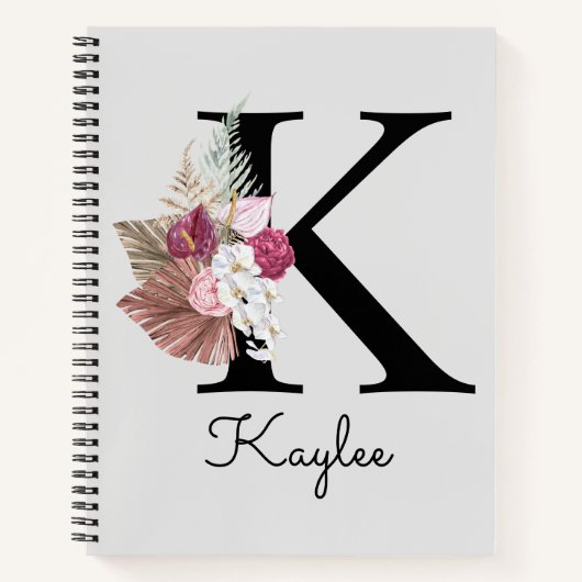 Monogrammen Initiaal K Roze Boho Floral Notitieboek (Voorkant)