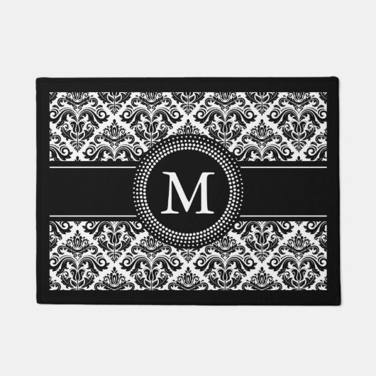 Monogrammen Initialen Black White Damask Deurmat (Voorkant)