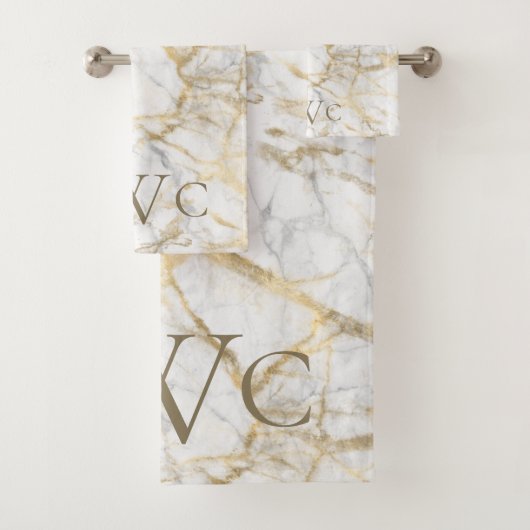 Monogrammen Initialen Gold White Grey Marble Bad Handdoek (Insitu)
