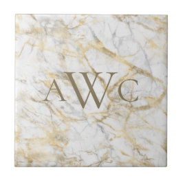 Monogrammen Initialen Gold White Grey Marble Tegeltje