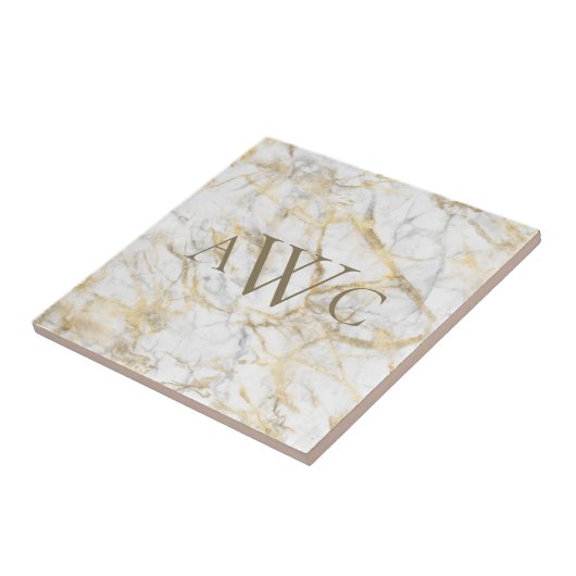 Monogrammen Initialen Gold White Grey Marble Tegeltje (Zijkant)