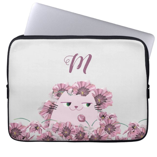 Monogrammen kat en paarse bloemen laptop sleeve (Voorkant)