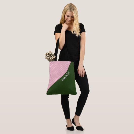 Monogrammen kleurblok, roze/groene wandelpunten tote bag (Op model)