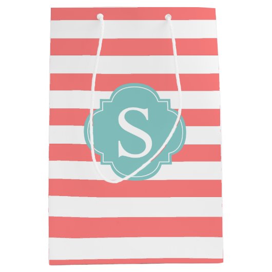 Monogrammen koraal en mint Stripes Medium Cadeauzakje (Voorkant)