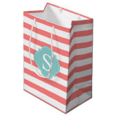 Monogrammen koraal en mint Stripes Medium Cadeauzakje (Voorkant Gekanteld)