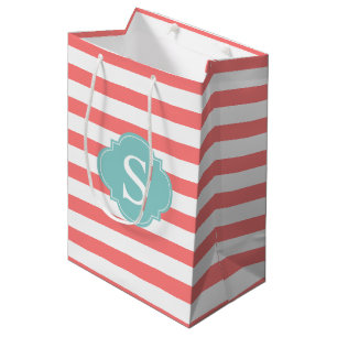 Monogrammen koraal en mint Stripes Medium Cadeauzakje