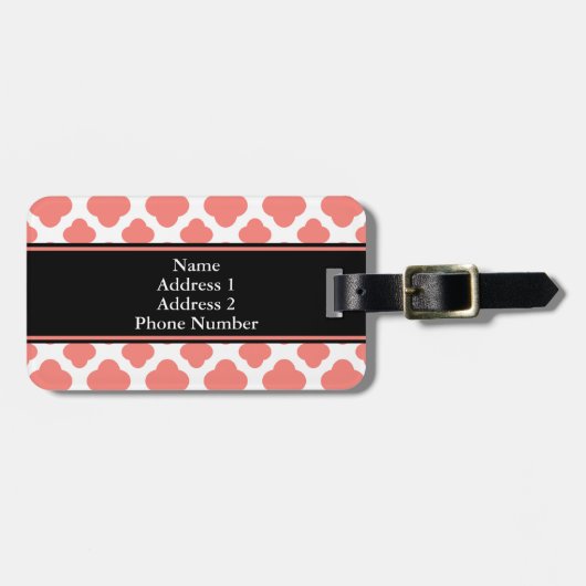 Monogrammen koraalroze quatrefoliepatroon bagagelabel (Voorkant horizontaal)