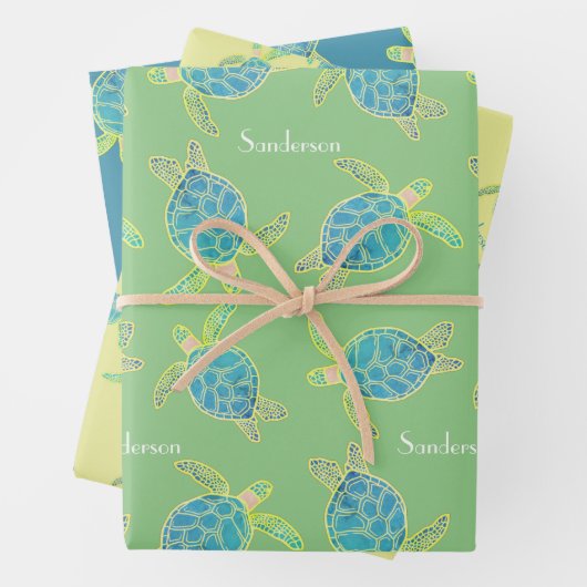 Monogrammen Kustroodblauw Zee Blauw geel Groen Inpakpapier Vel (In situ)