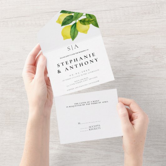 Monogrammen Lemon Branch Greenery Wedding All In One Uitnodiging (Afscheurbaar)