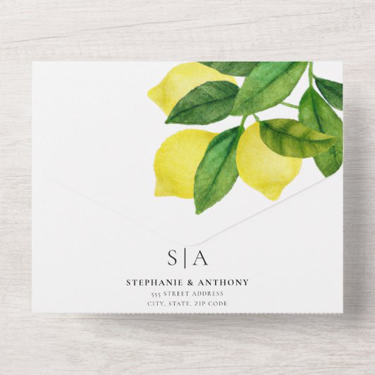 Monogrammen Lemon Branch Greenery Wedding All In One Uitnodiging (Achterkant)