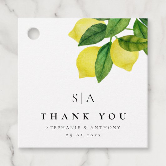 Monogrammen Lemon Citrus Branch Greenery Wedding Bedankjes Labels (Voorkant)