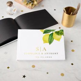 Monogrammen Lemon Citrus Branch Greenery Wedding Gastenboek
