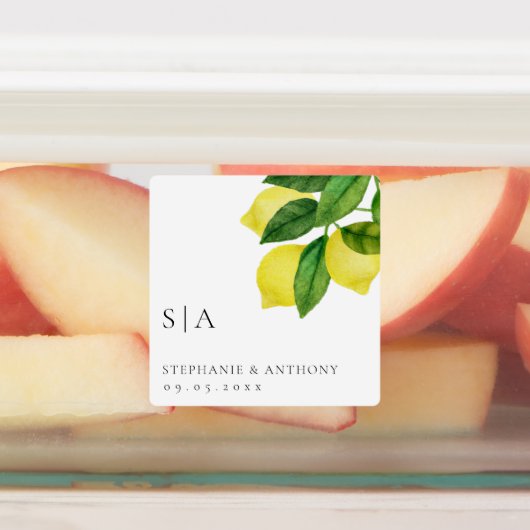Monogrammen Lemon Citrus Branch Greenery Wedding Labels (Aangebracht)