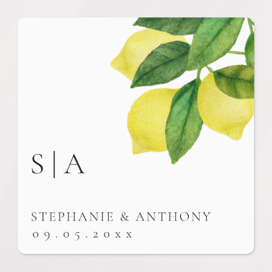 Monogrammen Lemon Citrus Branch Greenery Wedding Labels (Design 2)